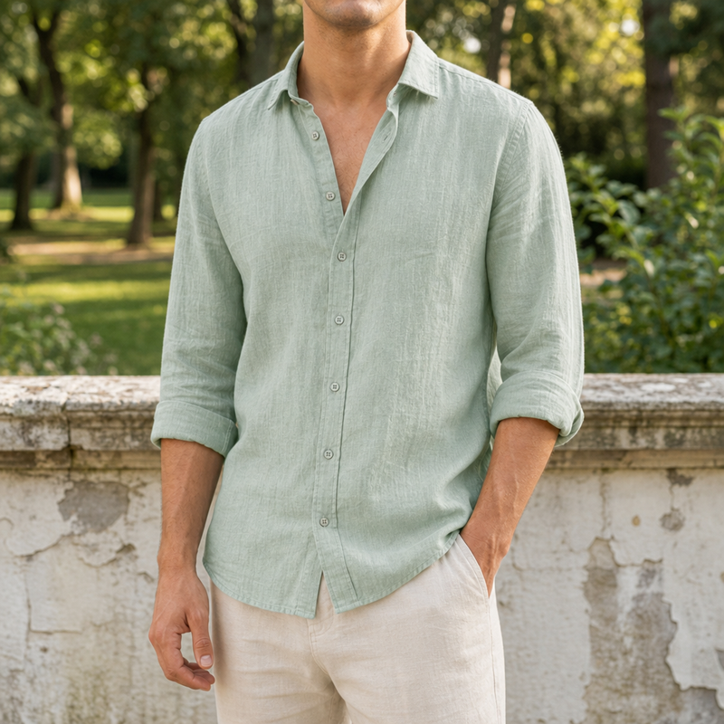 Murcia Linen Button-Up Shirt in Light Green