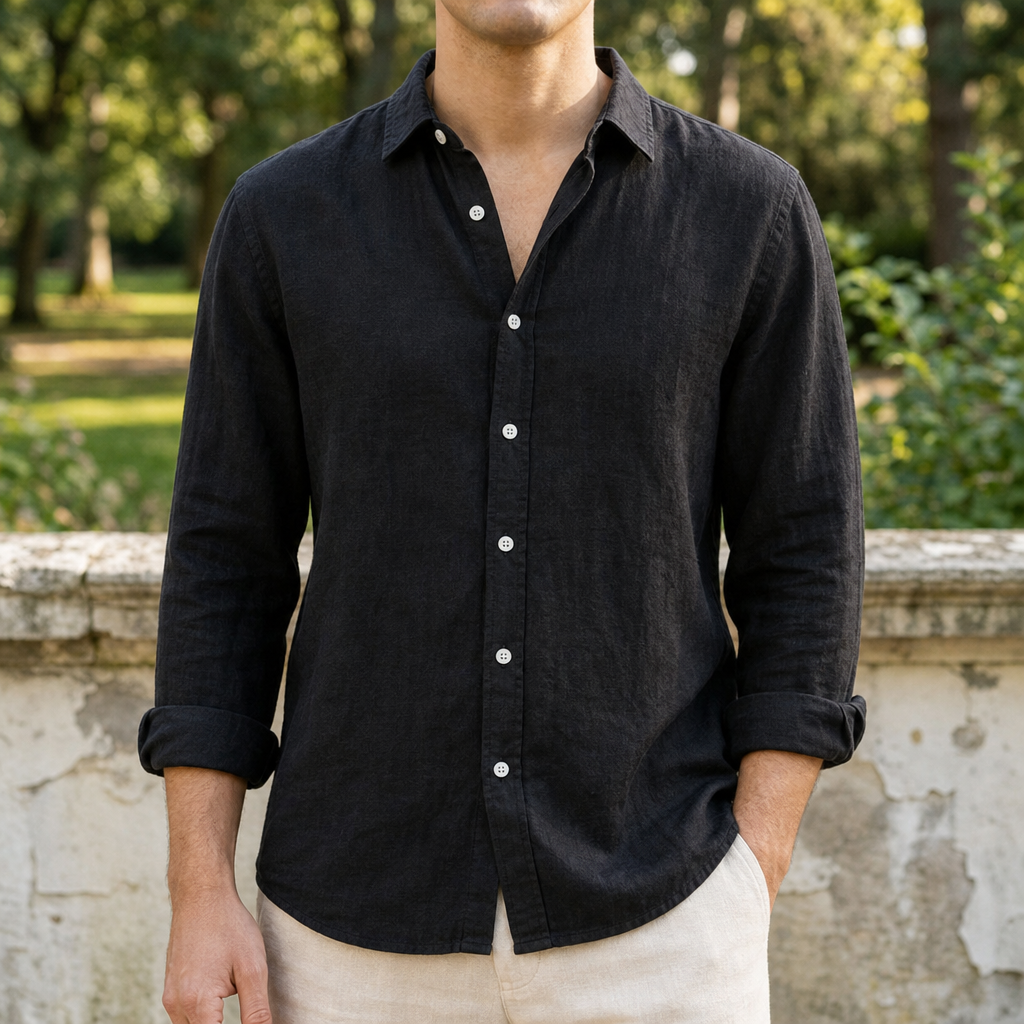 Murcia Linen Button-Up Shirt in Black