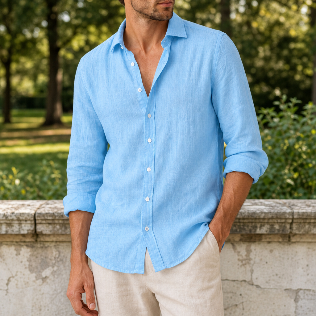 Murcia Linen Button-Up Shirt in Sky Blue
