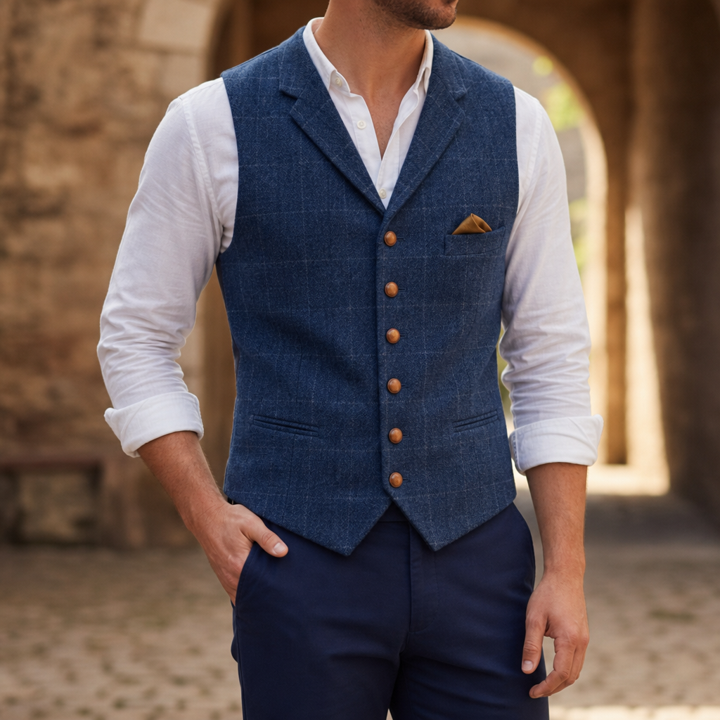 Nafplio Tailored Tweed Waistcoat in Blue