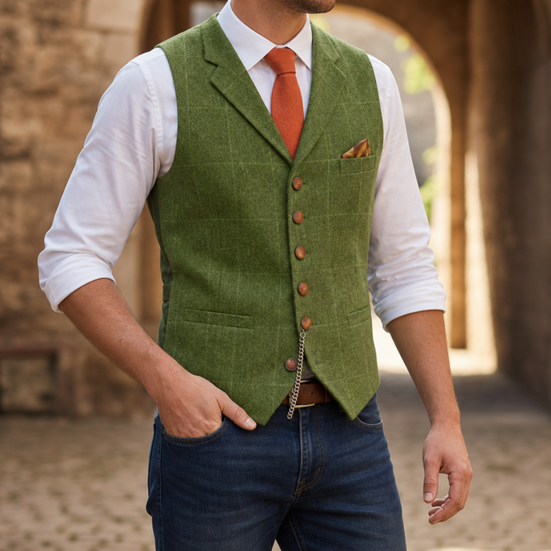Nafplio Tailored Tweed Waistcoat in Green