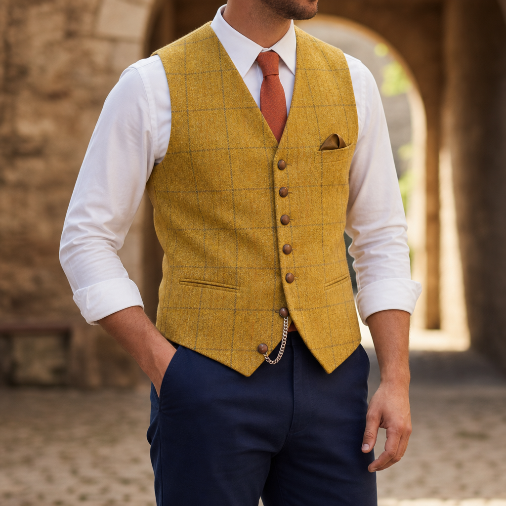 Nafplio Tailored Tweed Waistcoat in Yellow