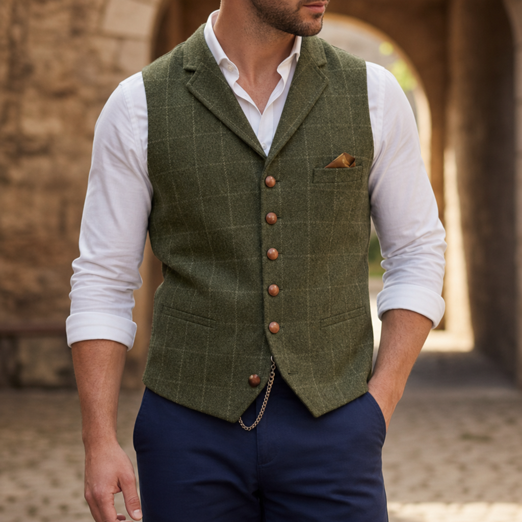 Nafplio Tailored Tweed Waistcoat in Olive Green