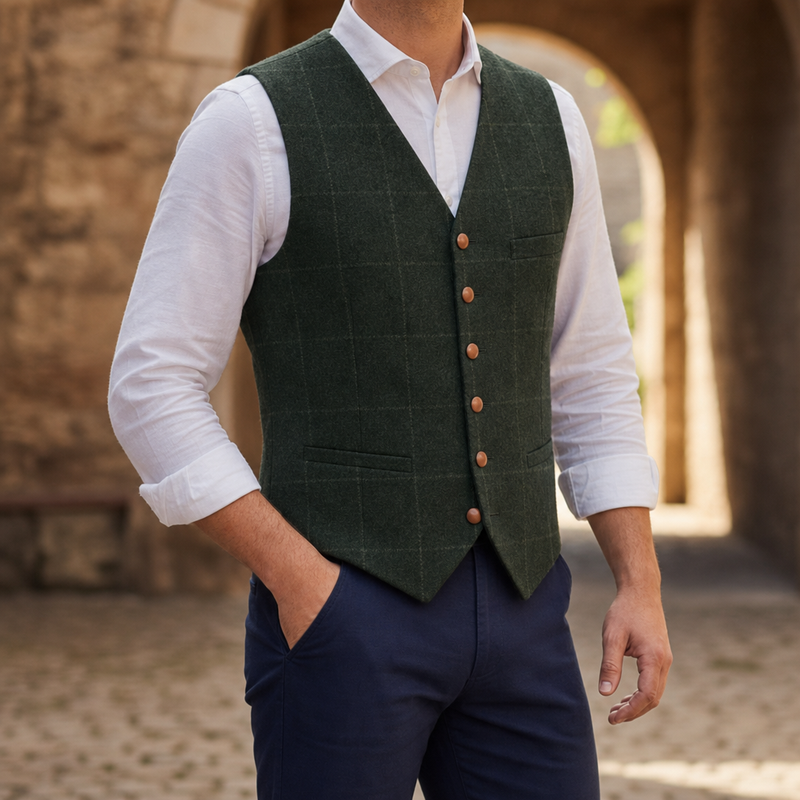 Nafplio Tailored Tweed Waistcoat in Dark Green