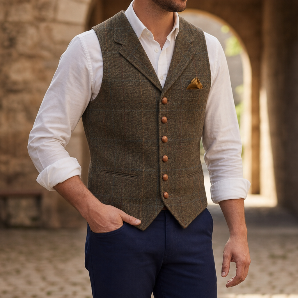 Nafplio Tailored Tweed Waistcoat in Brown