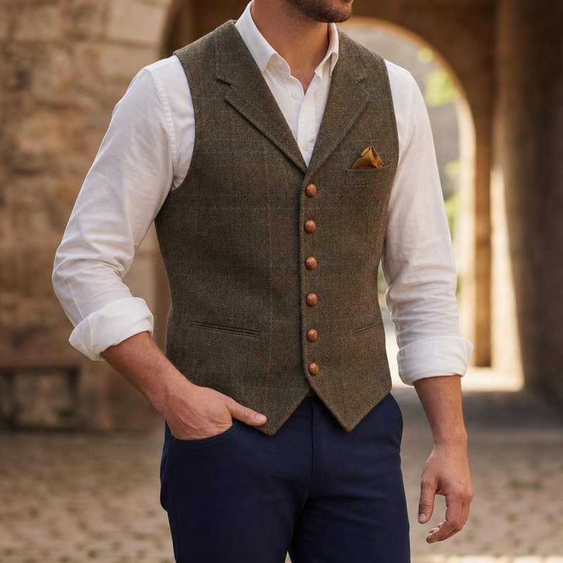 Nafplio Tailored Tweed Waistcoat in Brown