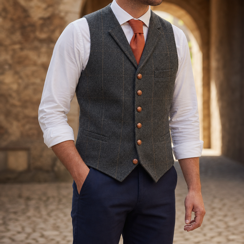 Nafplio Tailored Tweed Waistcoat in Charcoal