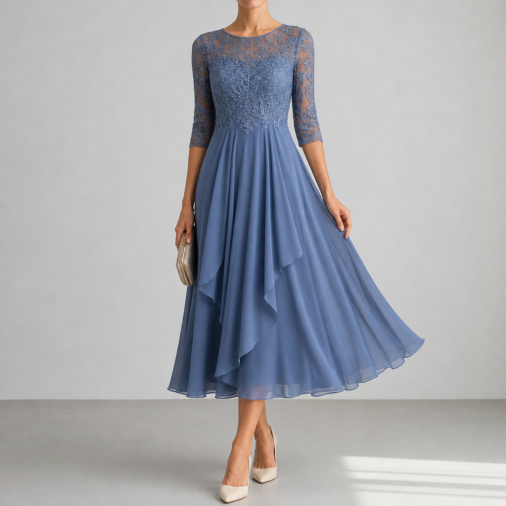 Narbonne Lace Chiffon Midi Dress in Blue