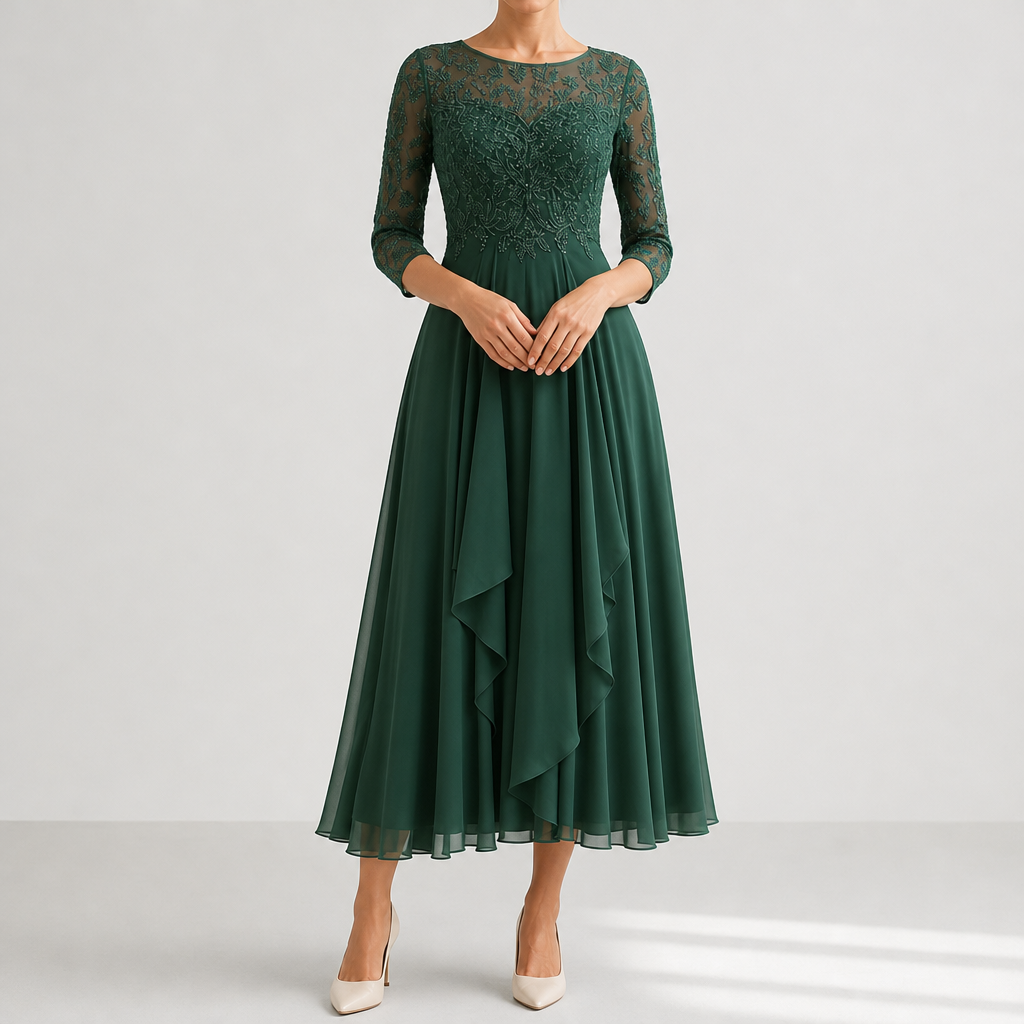 Narbonne Lace Chiffon Midi Dress in Green