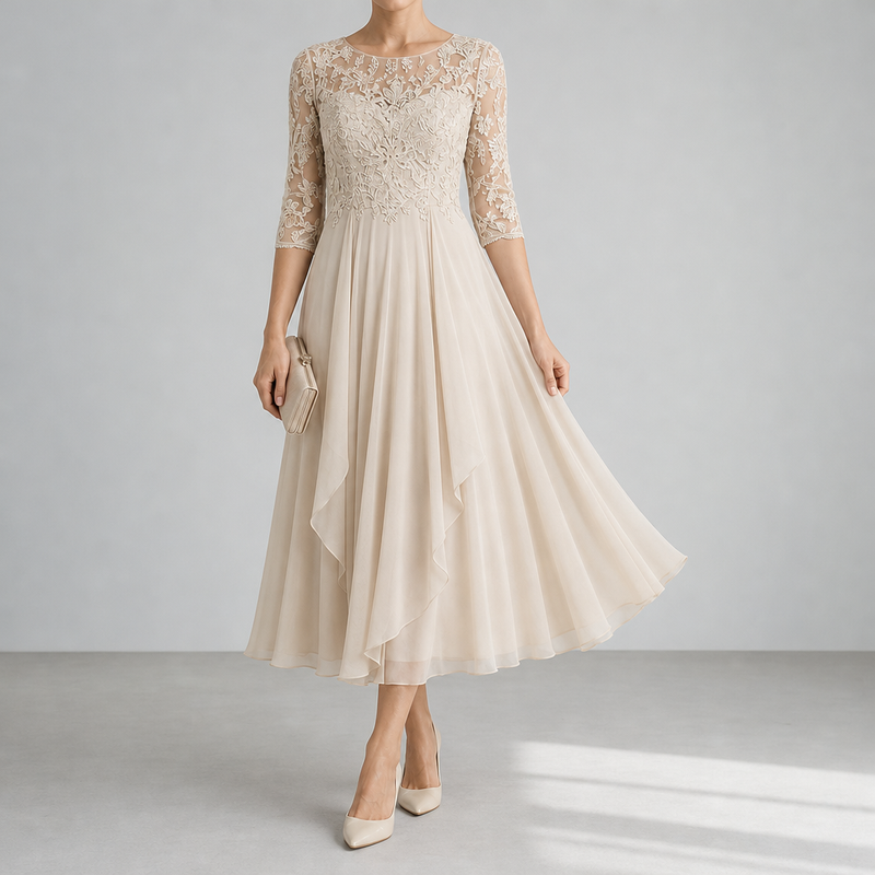 Narbonne Lace Chiffon Midi Dress in Beige