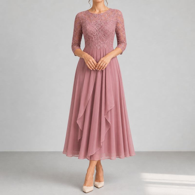 Narbonne Lace Chiffon Midi Dress in Pink