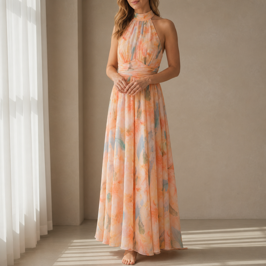 Noto Floral Halter Maxi Dress in Peach