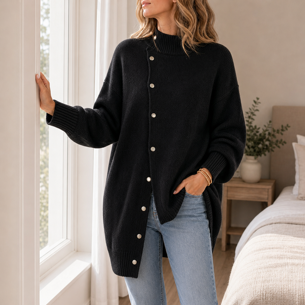 Olhao Longline Button-Front Cardigan in Black