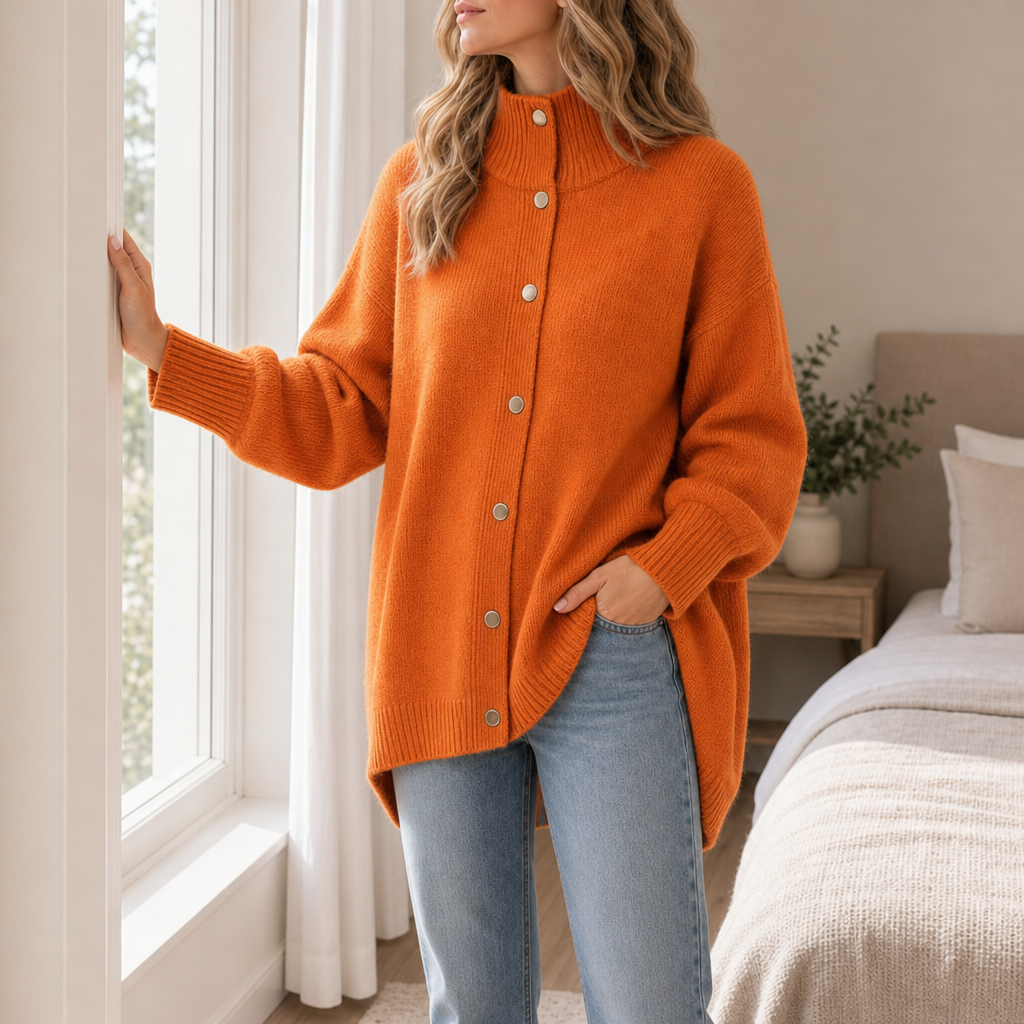 Olhao Longline Button-Front Cardigan in Orange