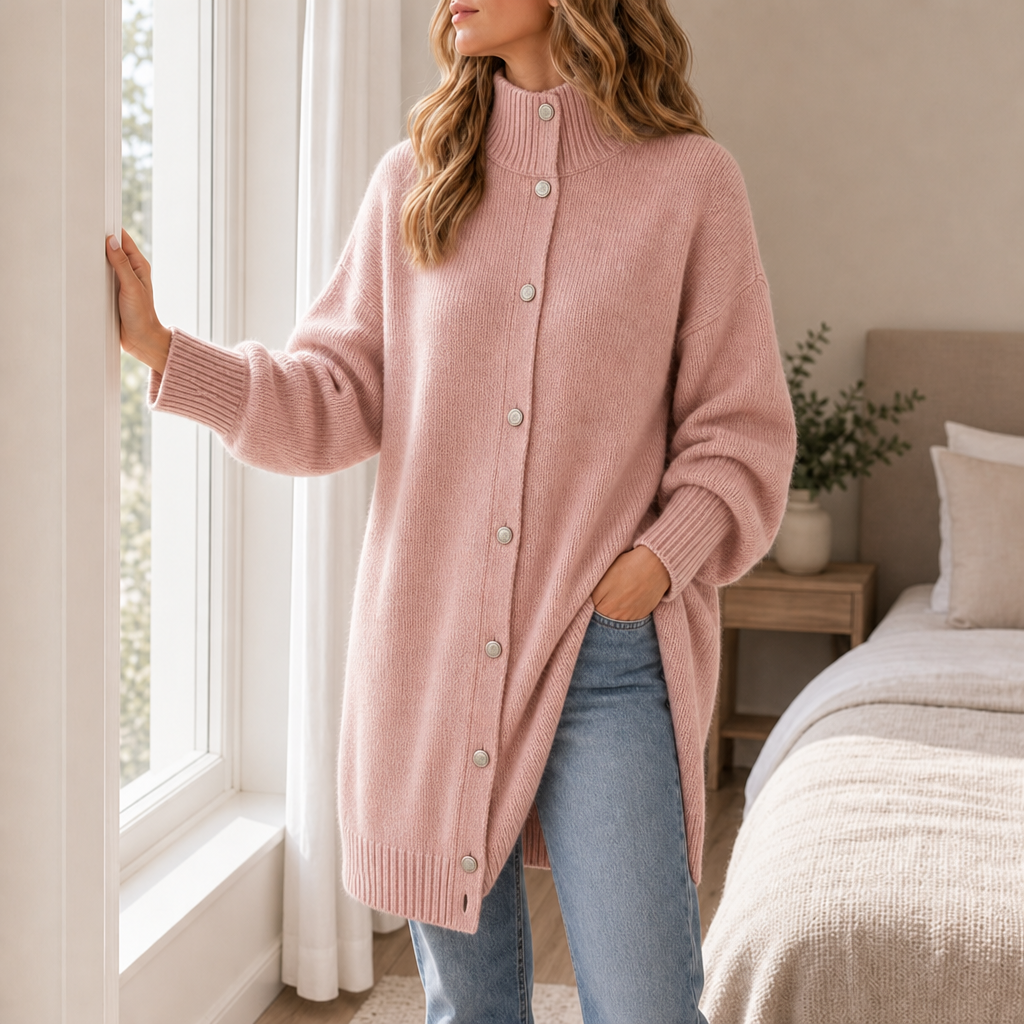 Olhao Longline Button-Front Cardigan in Pink