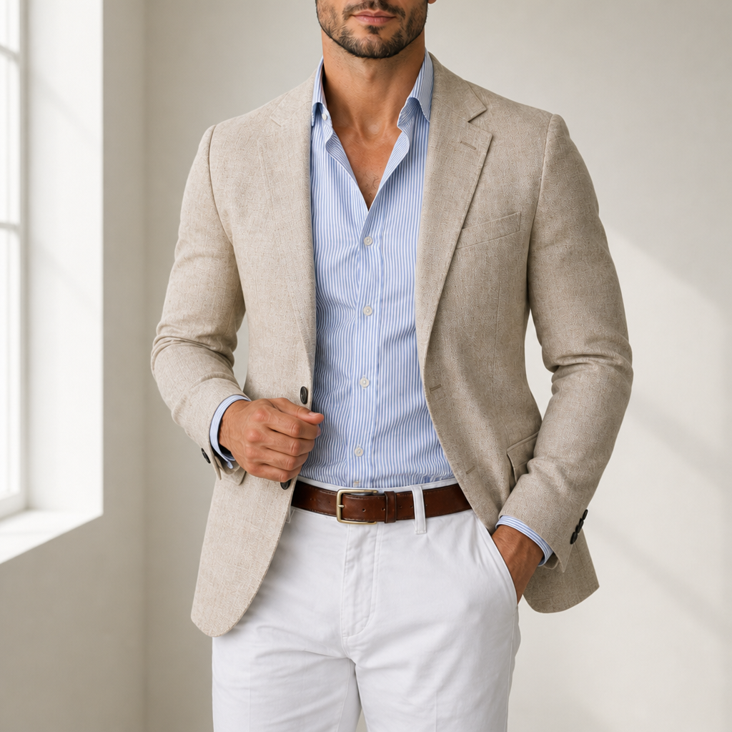 Omodos Linen Tailored Blazer in Beige
