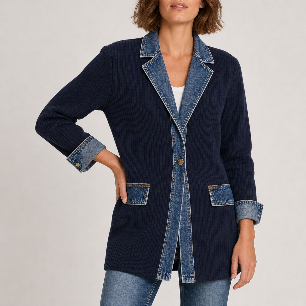 Paphos Denim Knit Mixed Jacket in Navy Blue
