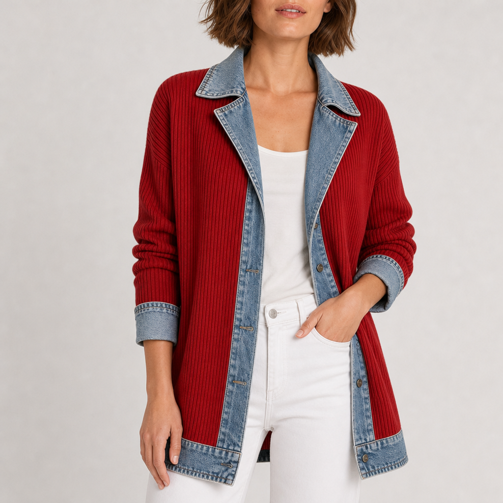 Paphos Denim Knit Mixed Jacket in Red