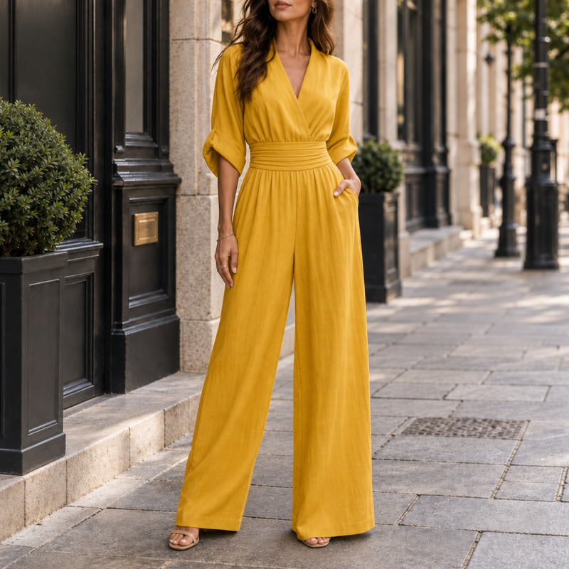 Patmos Wide-Leg Belted Jumpsuit in Yellow