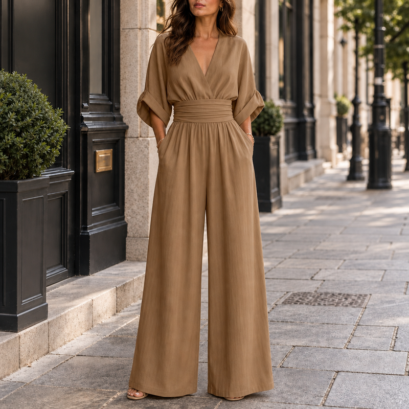 Patmos Wide-Leg Belted Jumpsuit in Khaki