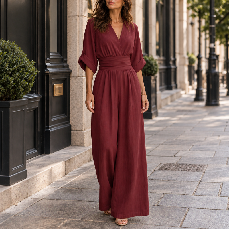 Patmos Wide-Leg Belted Jumpsuit in Wine Red