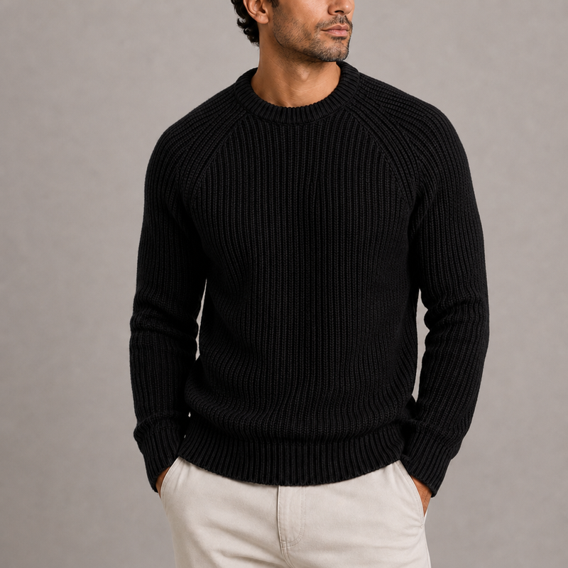 Perugia Fisherman Rib Knit Sweater in Black