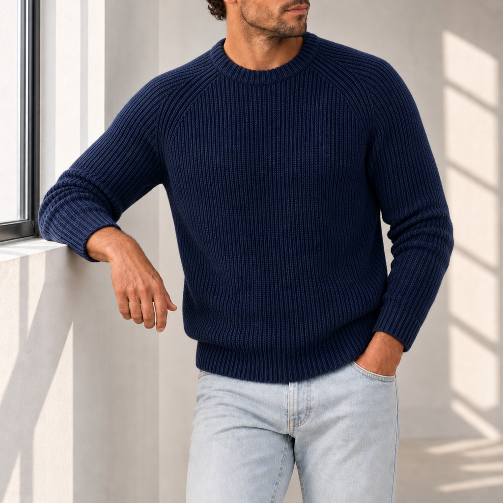 Perugia Fisherman Rib Knit Sweater in Navy