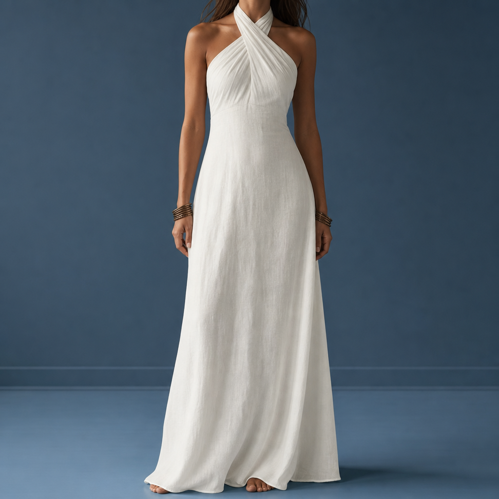 Perugia Linen Halter Maxi Dress in White