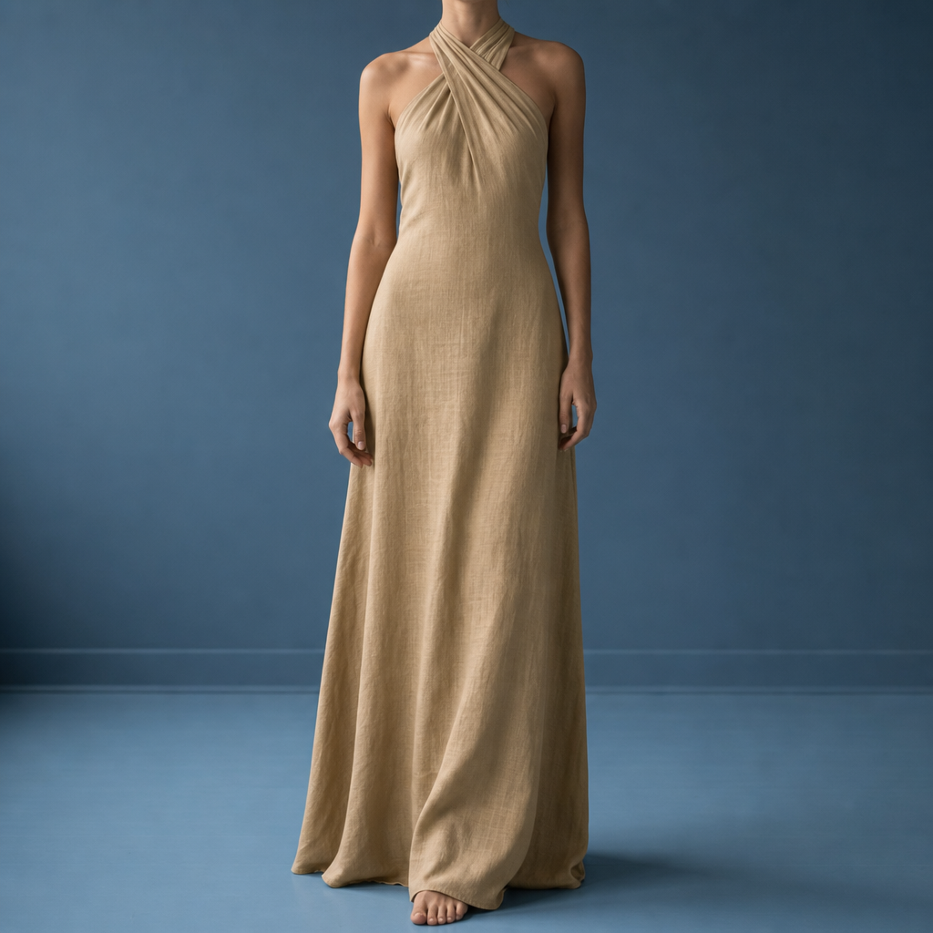 Perugia Linen Halter Maxi Dress in Khaki