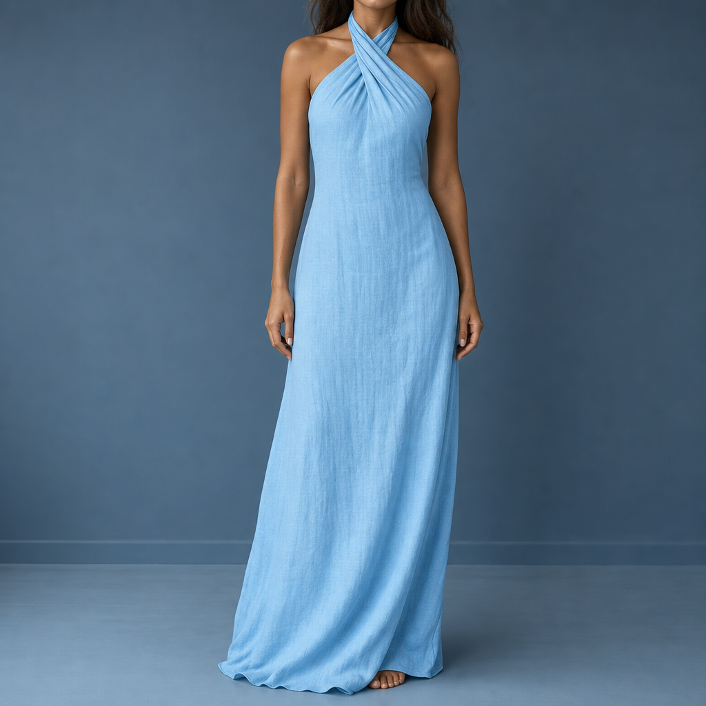 Perugia Linen Halter Maxi Dress in Sky