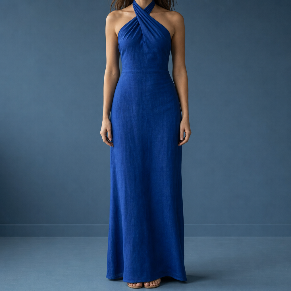 Perugia Linen Halter Maxi Dress in Navy