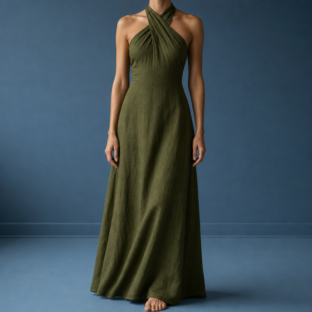 Perugia Linen Halter Maxi Dress in Olive