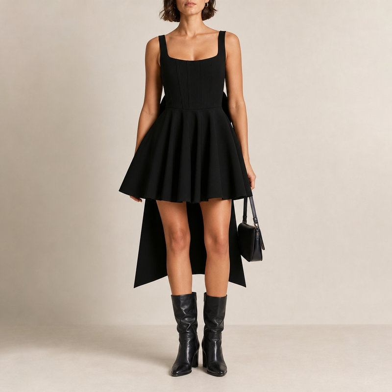 Polignano Bow Back Mini Dress in Black
