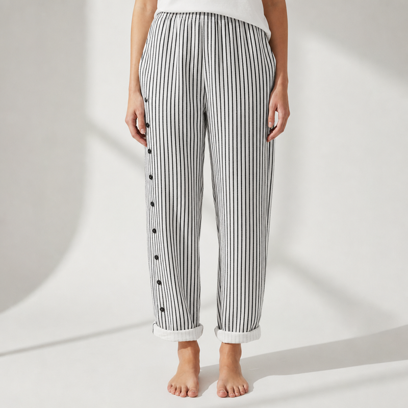 Pollensa Striped Button Wide-Leg Pants in Black