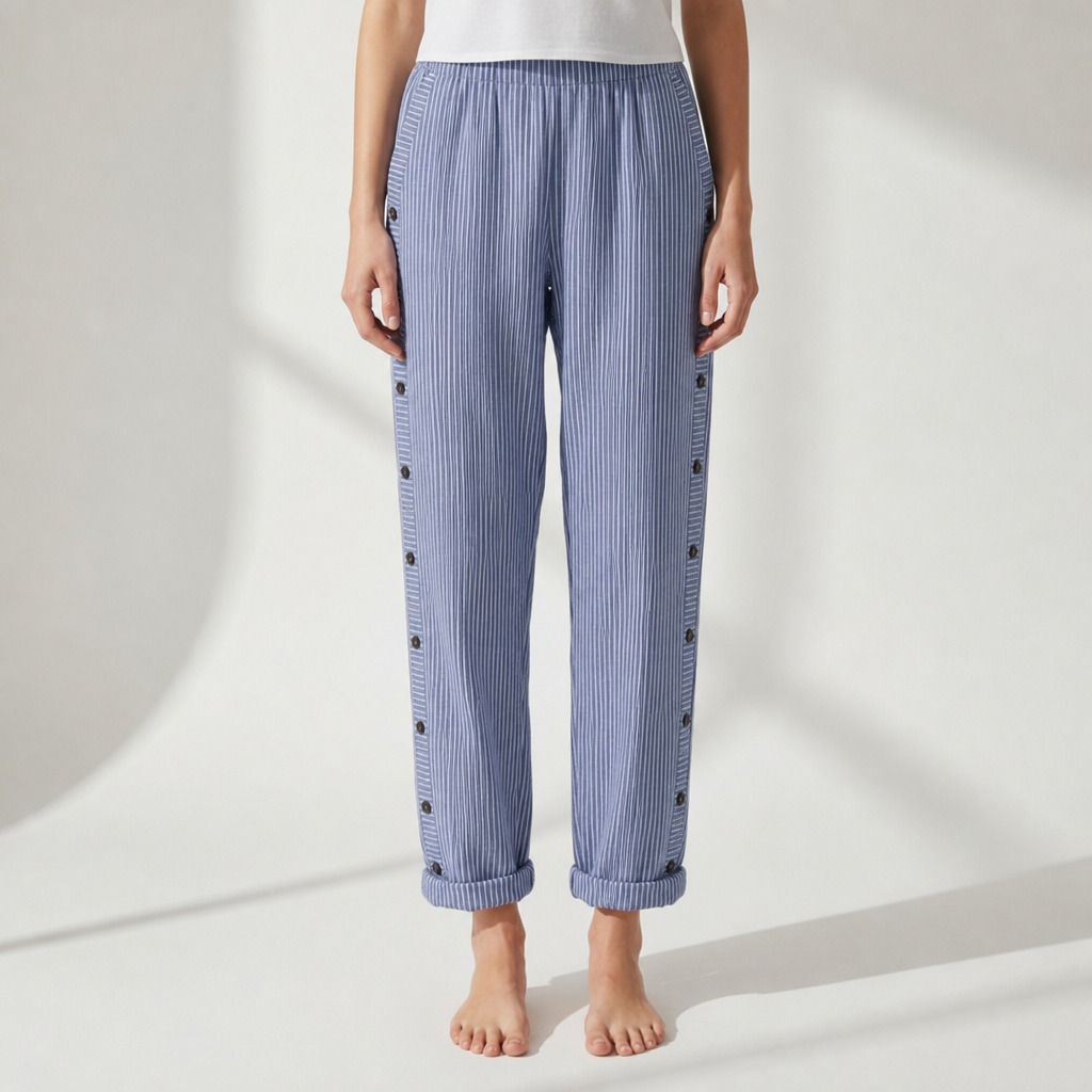 Pollensa Striped Button Wide-Leg Pants in Dark Blue