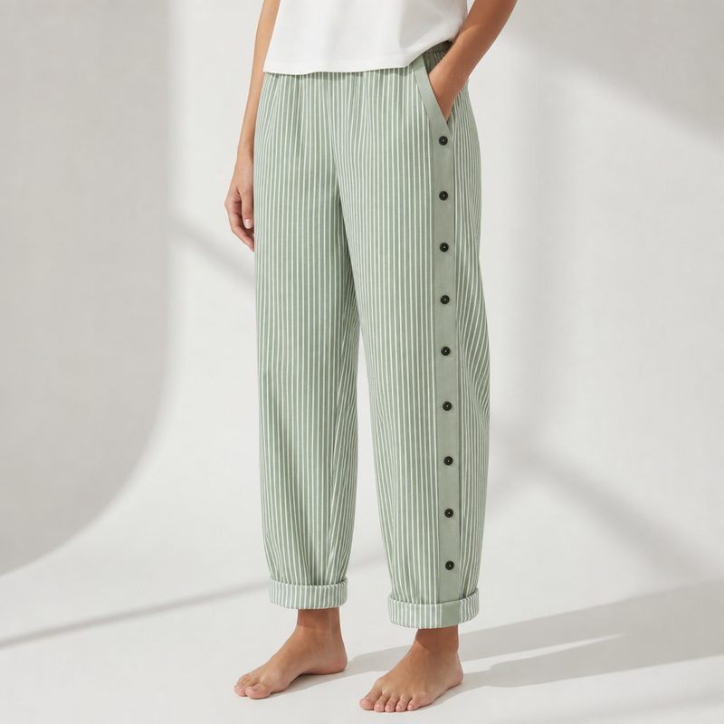 Pollensa Striped Button Wide-Leg Pants in Green
