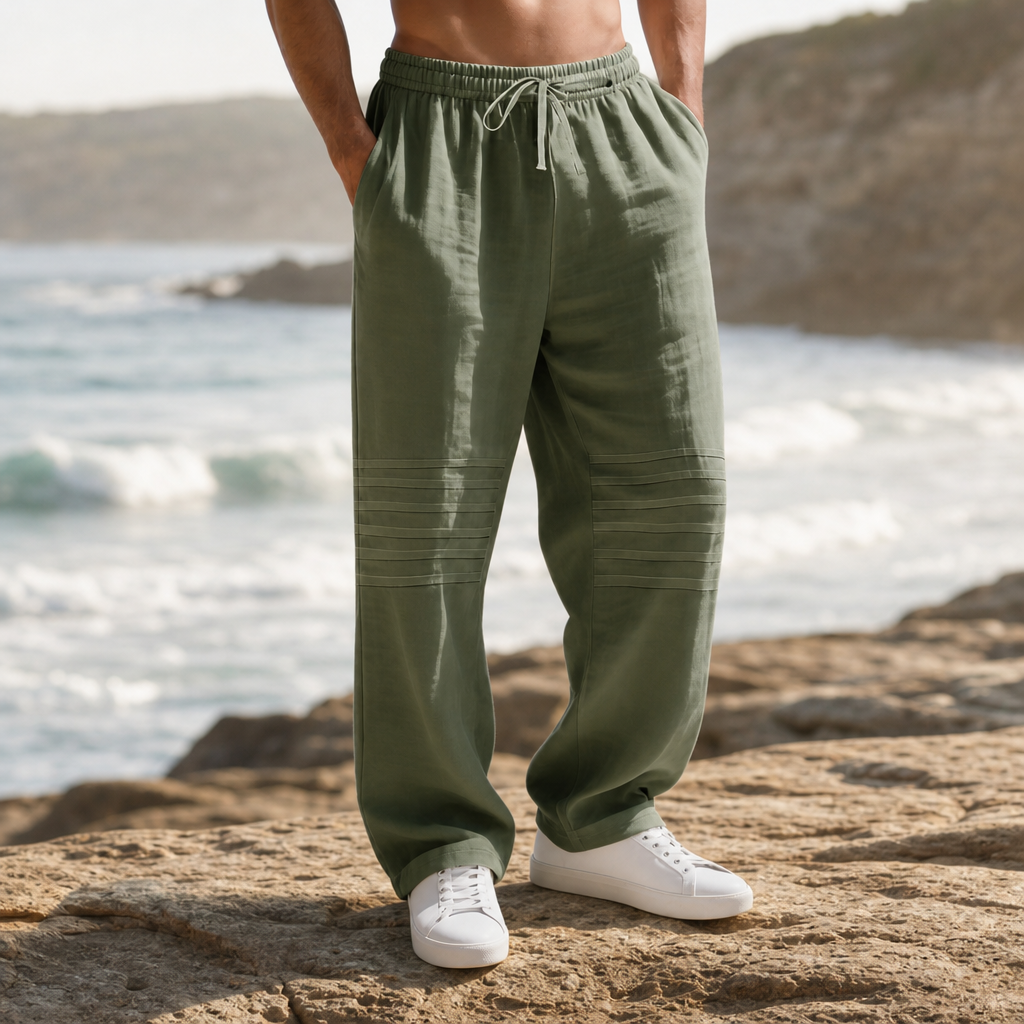 Poros Relaxed Linen Drawstring Pants in Army green