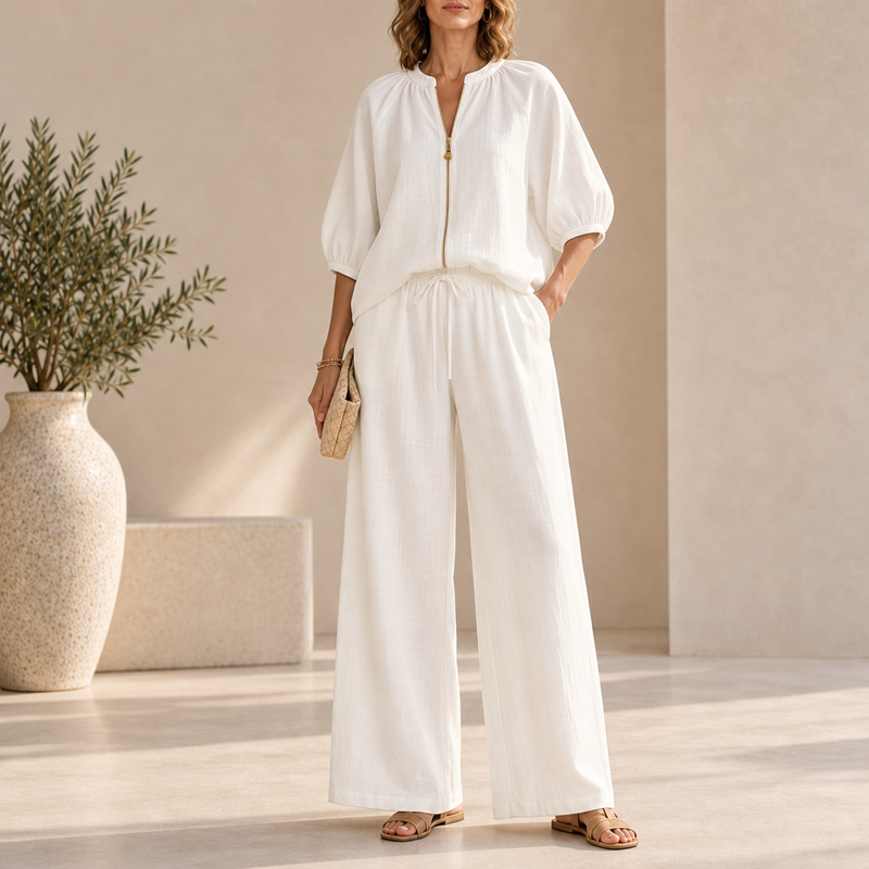 Portofino Linen Zip Two-Piece Set in White