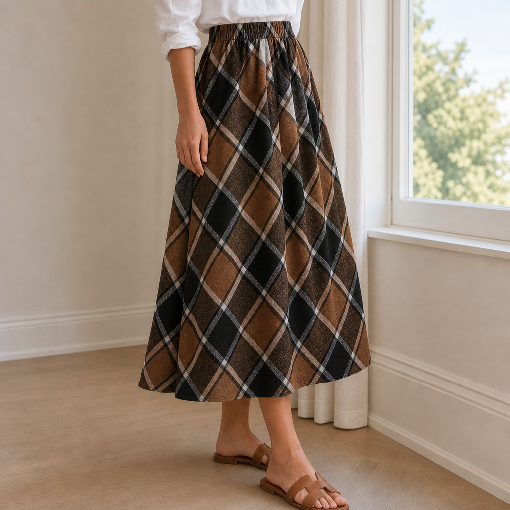 Portofino Plaid A-Line Midi Skirt in Dark Brown