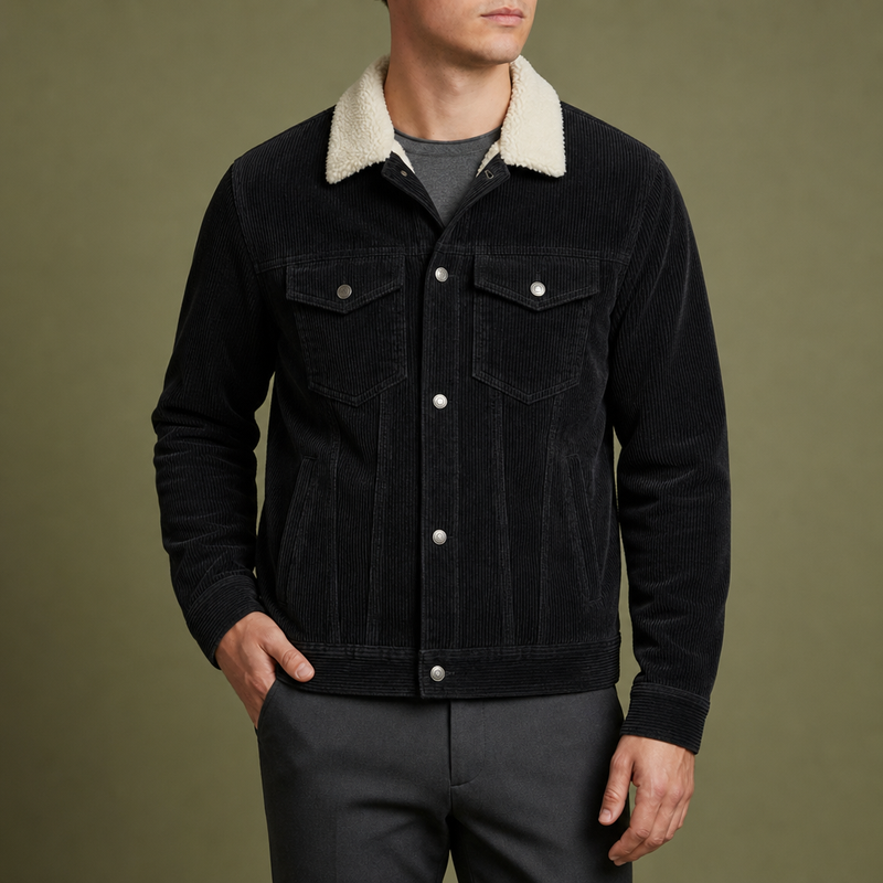 Portofino Sherpa Lined Corduroy Jacket in Black