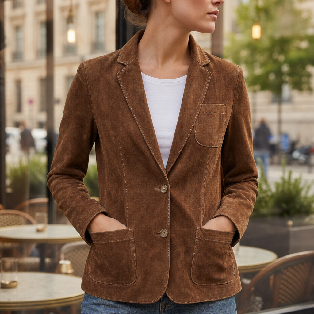 Portofino Suede Button-Front Blazer in Brown