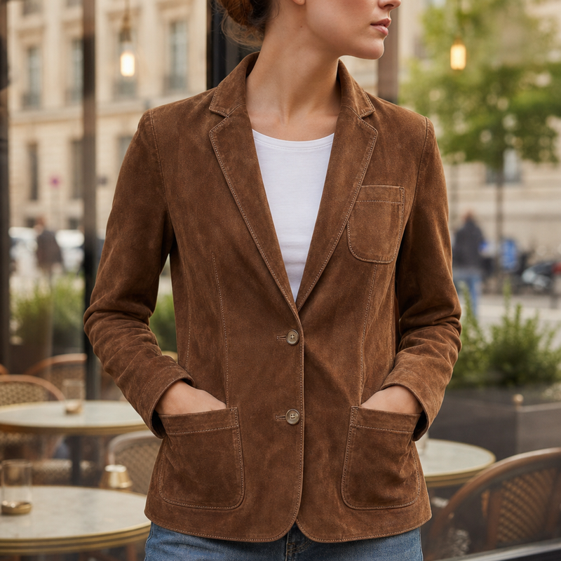 Portofino Suede Button-Front Blazer in Brown