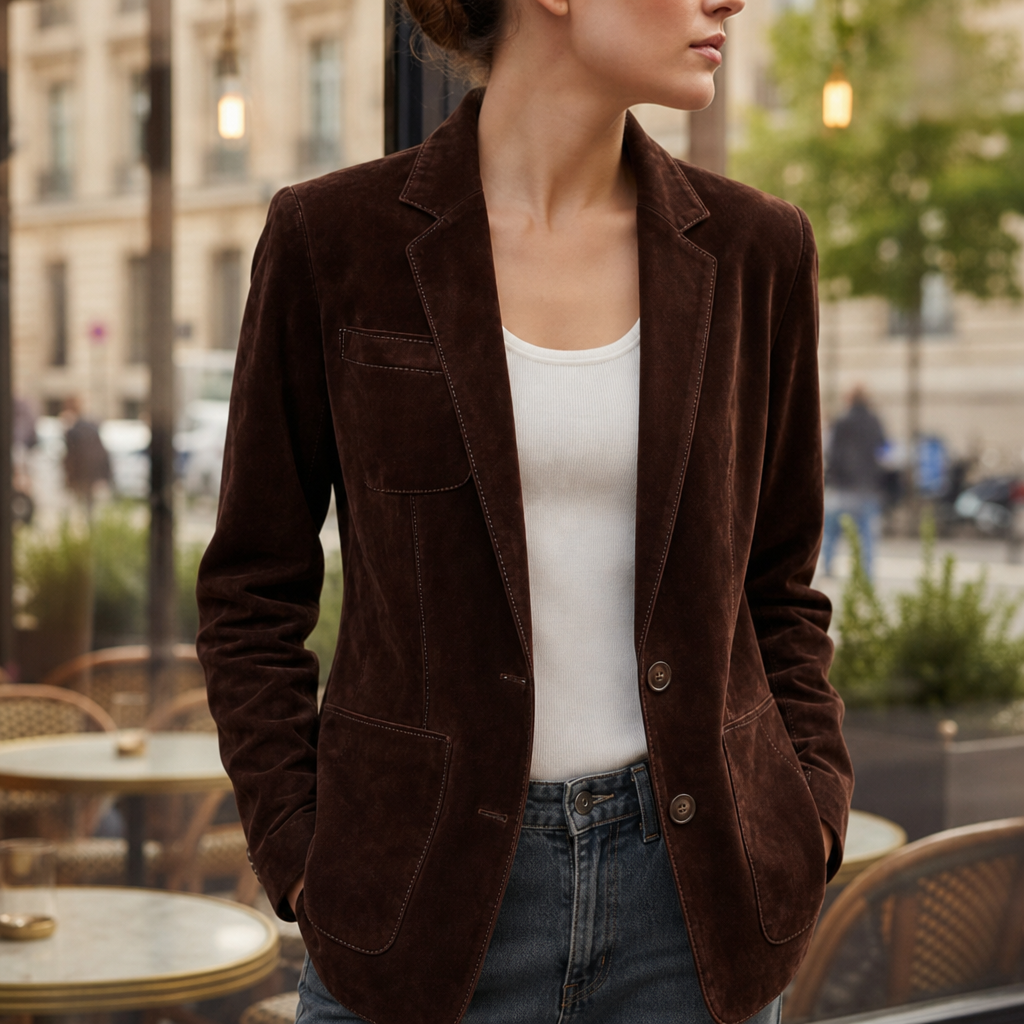 Portofino Suede Button-Front Blazer in Dark Brown