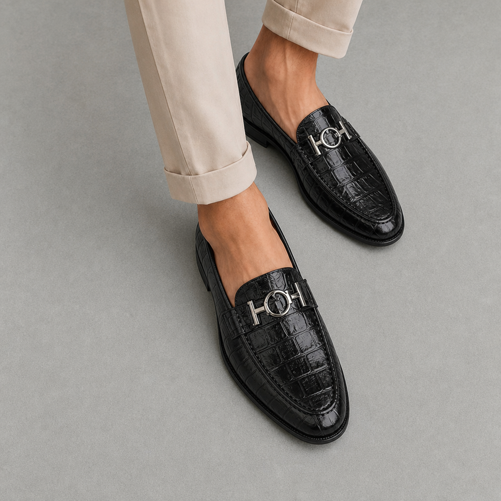 Pula Croc Leather Loafers in Black