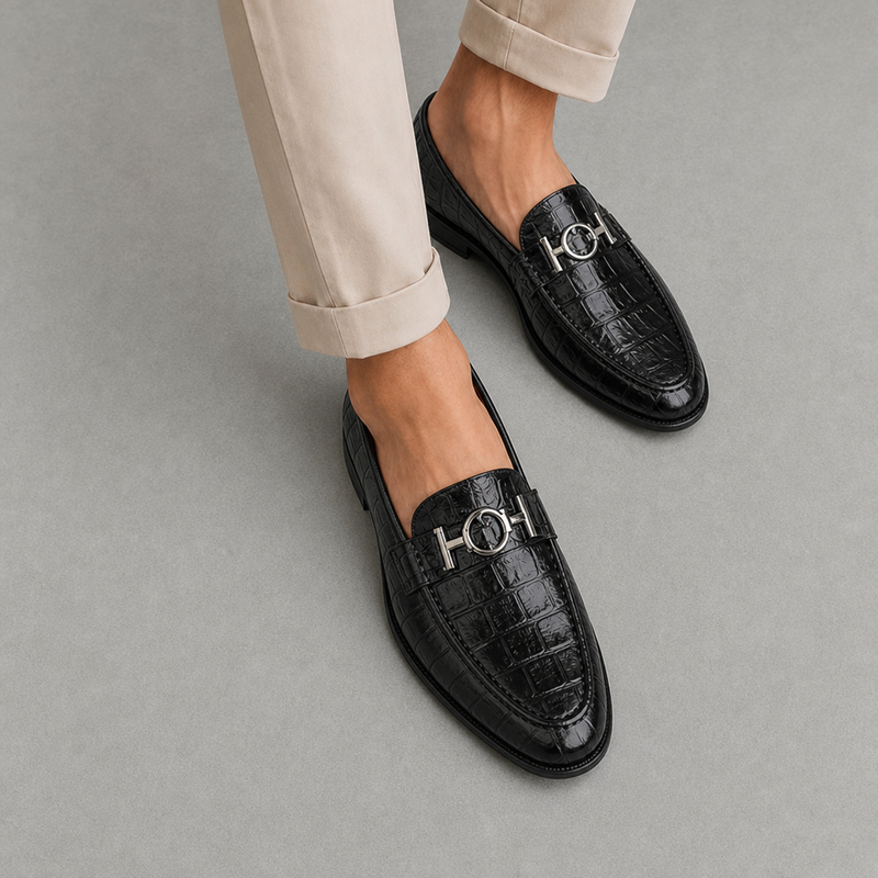 Pula Croc Leather Loafers in Black