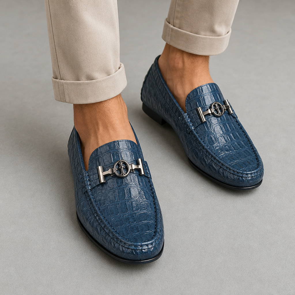Pula Croc Leather Loafers in Blue