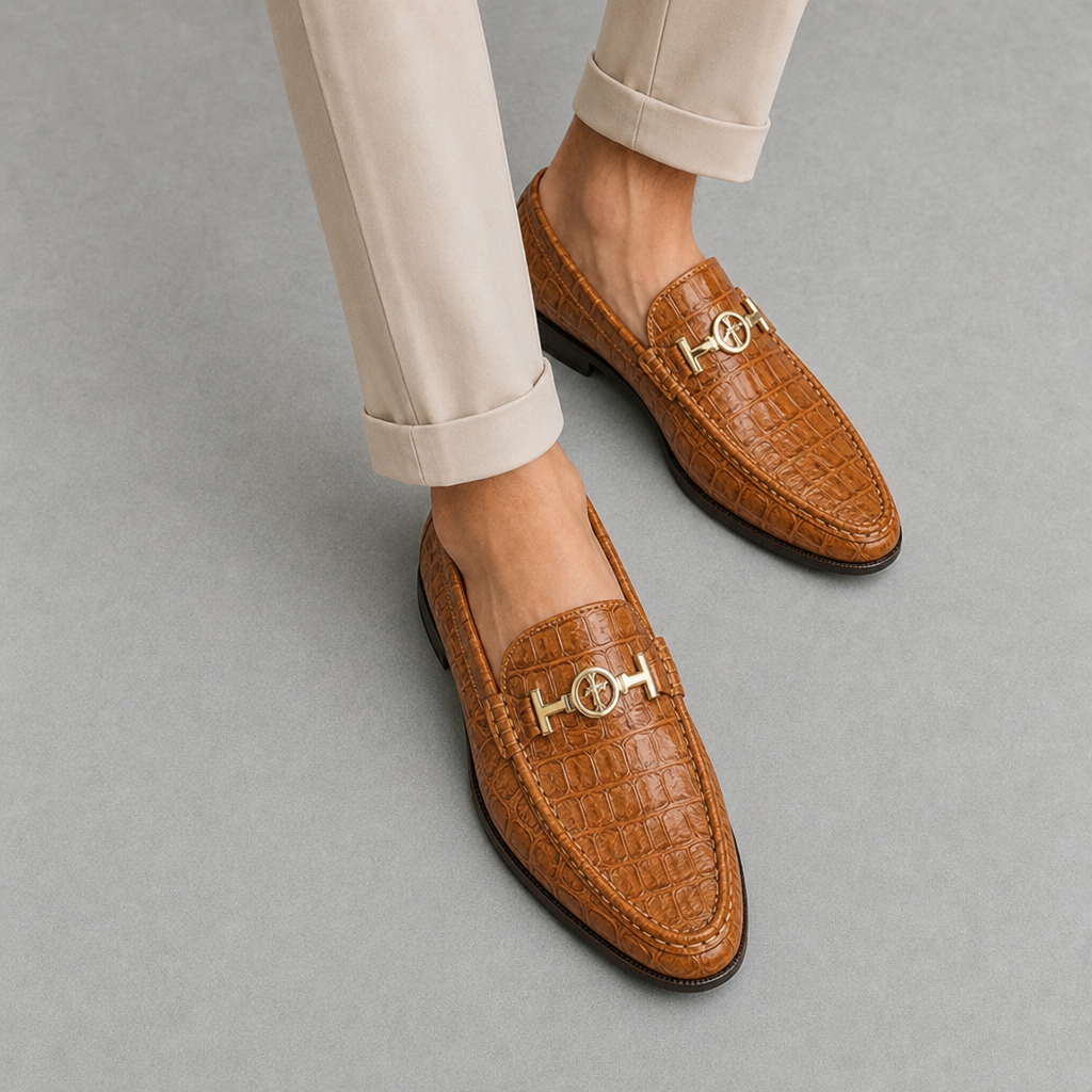 Pula Croc Leather Loafers in Brown