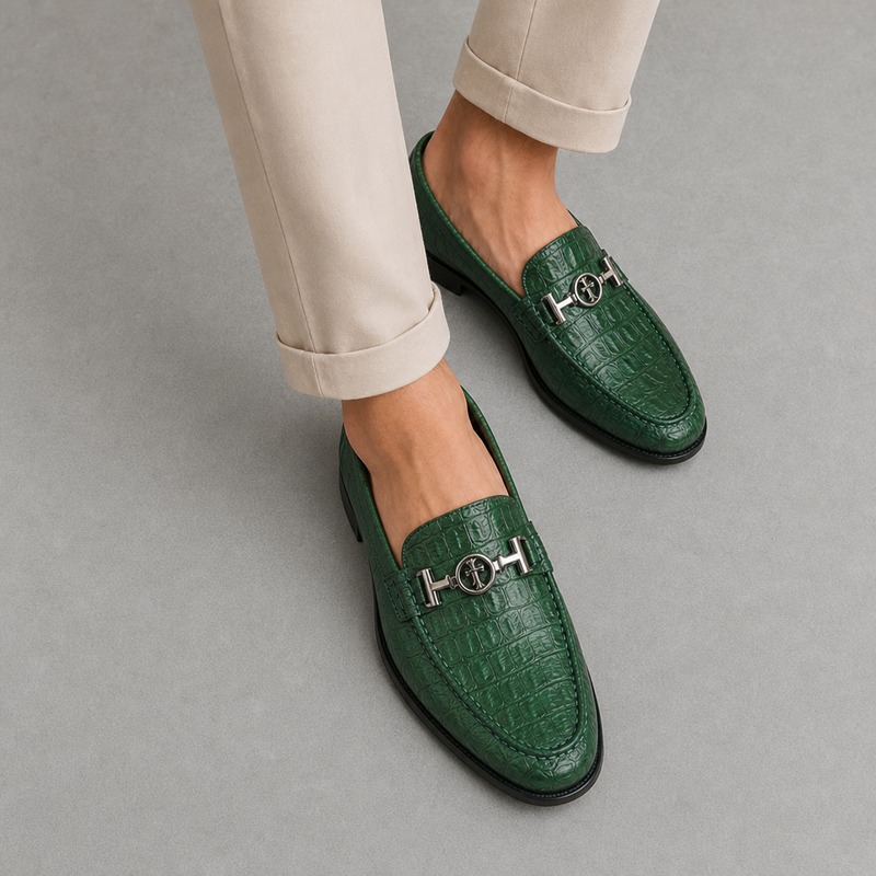 Pula Croc Leather Loafers in Green