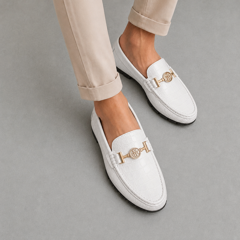Pula Croc Leather Loafers in White