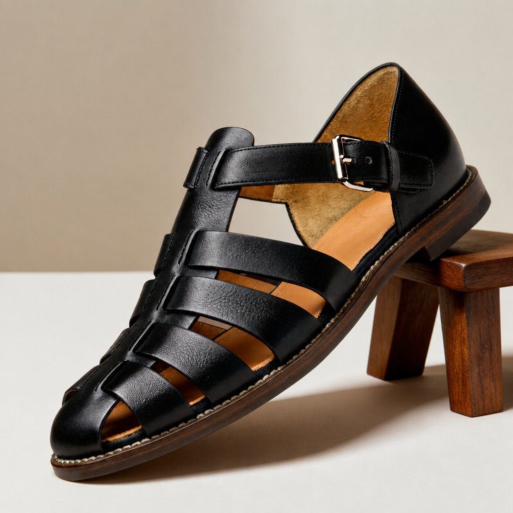 Pylos Leather Fisherman Sandals in Black